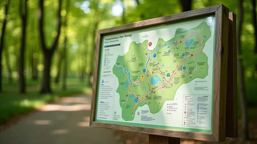 Parko žemėlapis rodomas informacinėje lentelėje su spalvotais maršrutų pažymėjimais