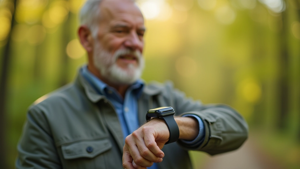 Senyvas vyras žiūri į smartwatch, kuris matuoja širdies ritmą žygio metu