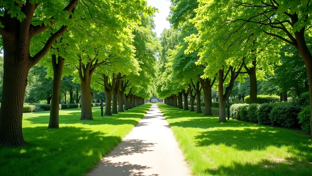 Šiaulių dendrologinis parkas su medžiais ir šalimais, aiškus vasaros rytas, žalia gamta